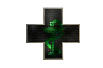 Electronic green pharmacy cross with the  symbol of the Snake in the Hygieia Cup isolated on white background