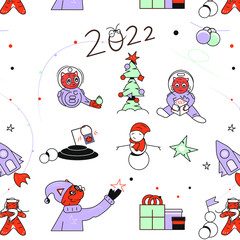 Doodles reflecting a New Year 2022 symbol tiger, New Year doodles, the set of winter doodles or icons, funny Christmas doodles imaging New Year tigers in space, seamless pattern with tigers.   