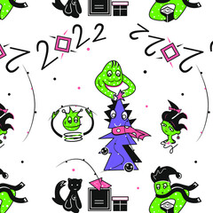 Obraz premium Vector doodles with New Year monsters, the doodles reflecting the monsters' family, funny green creatures and a black cat in the form of 2022 doodles, seamless pattern of the monsters at Christmas.