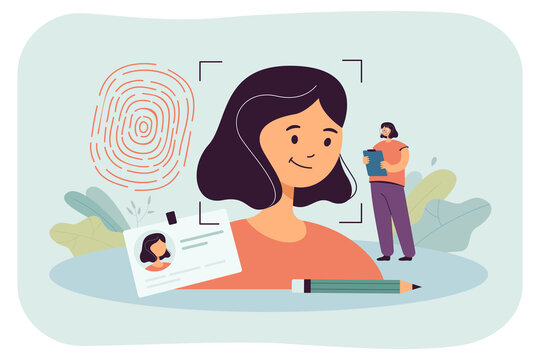 Personality Biometric Recognition For Female Employee. Tiny Person Using Office ID Card Badge, Unique Fingerprint And Facial Authorization Flat Vector Illustration. Safety, Personality Concept