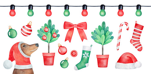 Watercolour illustration set of little dog and bright Christmas decorations: Christmas tree, baubles collection, festive bow, candy cane, Christmas lights and sock-shaped bags. Red and green colors.