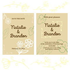 Wedding invitations in beige, brown and white, decorated with hand-drawn floral elements, size 20.5x15.5