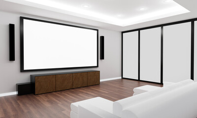 Home Theater on the white plaster wall in living room. Big wall screen TV and  Audio equipment use for Mini Home Theater surround speakers. white sofa and table on the wooden floor. 3D Rendering.