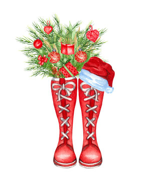 Watercolor christmas boots with christmas decorations, Pine tree and gifts inside rain boot. Hand drawn illustration