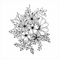 Hand drawn flower bouquet arrangement in black and white color doodle or sketch style, vector. Postcard, invitation, poster, greeting card, coloring book page.