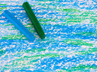 Blue and green oil pastels on handdrawn oil pastel painting