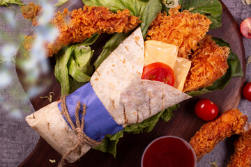 Fresh fried chicken roll with fresh tomatos, salad, cheese and onions isolated on bright blue background. top view.selective focus