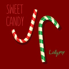Sweet candies for Christmas. Lollipop hook. Red and green candies. Christmas and gifts. Sweets and life, sugar.