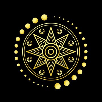 Cartoon drawing: ancient Sumerian symbol divine star. Vector illustration isolated on a black background. Imitation of gold.