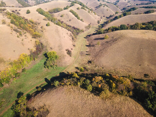 Areal view of Autumn landscape with oak trees and yellow grass in meadow on Zagajicka Brda hills in...