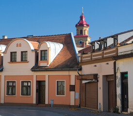 Cityscape of  Vrsac town in Serbia, and romanian ortodox church monument