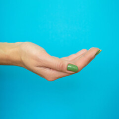 Elegant female hand with an empty palm up. Green manicure. blue background. template for inserting an item. square image