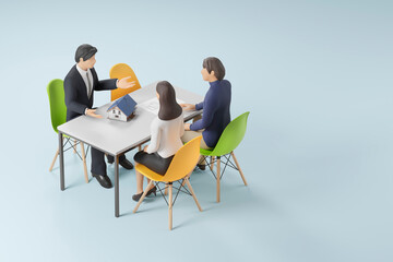 Fototapeta premium 顧客に住宅の提案を行うセールスマン / ハウジング・建築設計・不動産販売・提案営業のコンセプトイメージ / 3Dレンダリンググラフィックス