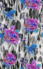 Seamless botanical pattern with pink hydrangea flowers painted in watercolor on black and white vertical animalistic background for textile and surface design