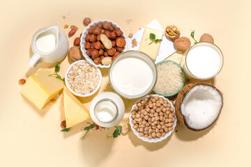 Vegan non-dairy products. Plant-based alternative dairy products – milk, cream, butter, yogurt,...