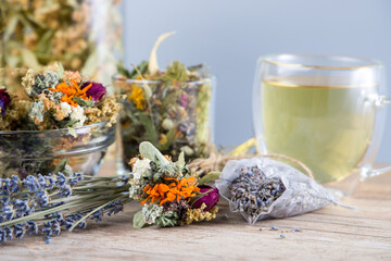 Set of dried herbs and flowers for brewing tea.