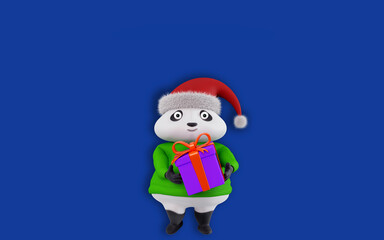 3D Christmas character. Funny cartoon character, holding a gift box, 3d render. Christmas Panda bear dressed in sweater and with santa claus hat