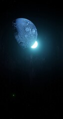 3d render, moon with milky way background vertical composition