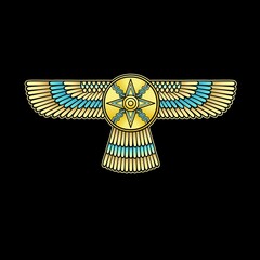 Animation color drawing: winged divine star. Symbol in Assyrian mythology.  Vector illustration isolated on a black background. 