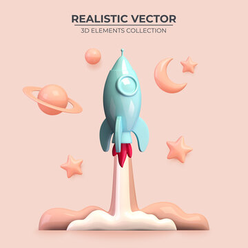 Rocket ship in space around the planets. Realistic rocket 3d icon. Vector illustration with flying shuttle. Space travel. Space rocket launch. Launch new project start up concept. Vector illustration