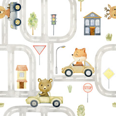 Seamless pattern with childish cartoon town. © Tapilipa