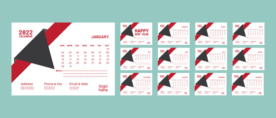 simple Desk Calendar template for the year 2022  A set of pages for 12 months and cover page of 2022  Vector illustration