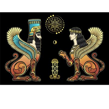 Animation color drawing: mystical winged lion and lioness with human heads. Character in Assyrian mythology. Sacred star, moon, plant. Vector illustration isolated on a black background. 