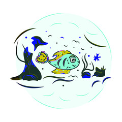 Obraz premium A little blue fish in a sea, a vector smiling fish swimming in an ocean, a fish underwater among seaweeds, a sea colorful fish located underseas and looking at starfish, submarine color world.