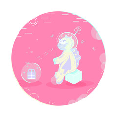 A little smiling dragon with a radio set, a space tyrannosaurus in an astronaut helmet sitting on a cube, a vector dinosaur looking at a bubble with a present box inside, a background is a planet.