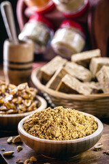 peanut flour, ground and dried peanuts used as a cooking ingredient