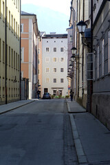 Austria. Spring. Day. Salzburg. View of a deserted street of residential buildings.