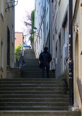 Austria. Spring. Day. Salzburg. View of a deserted staircase of residential buildings leading up.