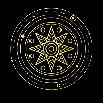 Cartoon drawing: ancient Sumerian symbol divine star. Orbits of planets. Vector illustration isolated on a black background. Imitation of gold.