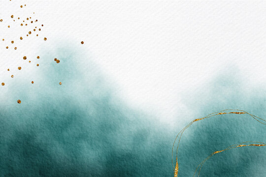 Blue watercolor abstract background with gold element