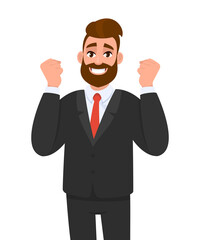 Excited hipster business man gesturing or showing raised hand fist. Trendy stylish person celebrating success with lifted arms. Male character expressing victory. Cartoon illustration in vector style.