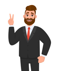 Young hipster businessman showing  victory. Trendy stylish person gesturing peace sign with fingers. Happy male character making success or winner symbol. Cartoon design illustration in vector style.