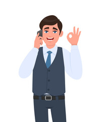 Trendy young business man in waistcoat speaking on phone and showing okay, OK gesture sign. Person calling to mobile, making cool symbol. Male talking over cellphone. Cartoon design in vector style.
