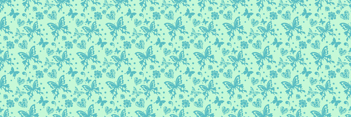 Fototapeta premium Beautiful background pattern with decorative butterflies, stars, hearts and floral elements on a blue green background. Seamless background for wallpaper, textures. Vector illustration.