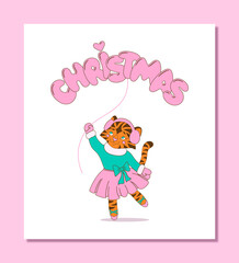 Little tigress ballerina illustration with Christmas balloon