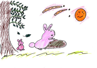 Hand drawing of rabbit seeing The Moon  with happy feeling,Cartoon character