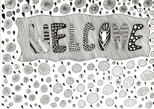 Hand drawing of WELCOME words with cartoon character and doodle art