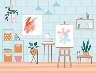 Art studio concept. Bright Classroom with canvas, easel, brushes and paintings. Modern workshop for artists. Equipment for training. Drawing room. Cartoon contemporary flat vector illustration