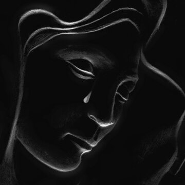 Silhouette of crying Virgin Mary. Tears dripped from her face. Conceptual image of pain, death and resurection of Jesus Christus. Fragment of an ancient statue.