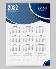 2022 business style modern new year calendar design template. abstract blue wive shapes. in A3 size. Vector EPS 10