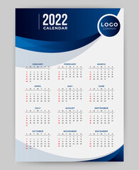 2022 business style modern new year calendar design template. abstract blue wive shapes. in A3 size. Vector EPS 10