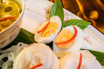 Thai style food, green curry with chicken, delicious vegetable Asian dinner