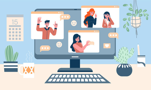 Online meeting with friends. Women and man communicate with each other online using computer and video link. Remote conversation with relatives or business conference. Cartoon flat vector illustration
