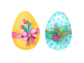 Hand drawn watercolor Easter eggs on white background isolated. Yellow and blue colors. Nice festive decor.