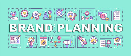 Brand planning word concepts banner. Promoting business. Infographics with linear icons on blue background. Isolated creative typography. Vector outline color illustration with text
