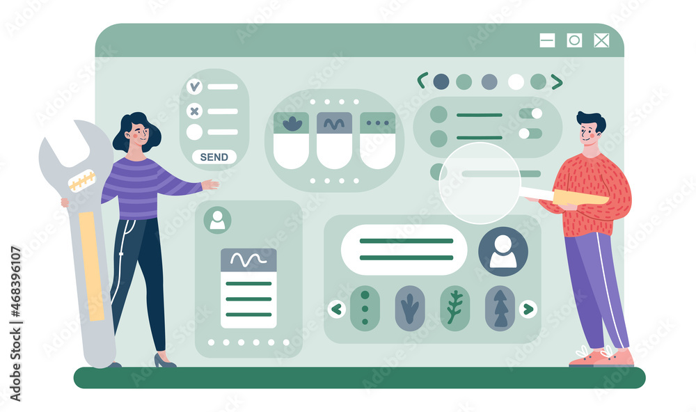 Poster designers working on ui ux design concept. male and female programmers develop application or websit